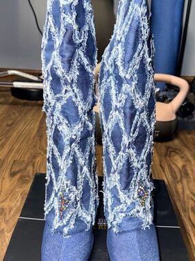 Blue Frayed Denim Knee-High Heeled Boots with Multicolor Studs